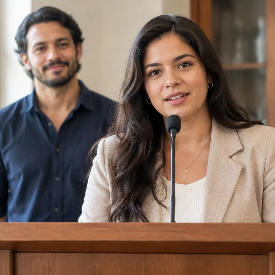 Microfone deitado na mesa, com a roda de participantes desfocada ao fundo